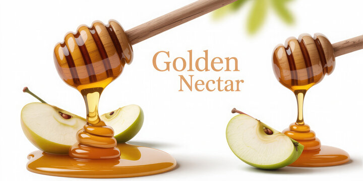 Golden nectar dripping from a honey dipper onto apple slices isolated on white background