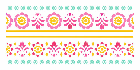 Decorative floral border design with pink yellow and teal colors on a white background