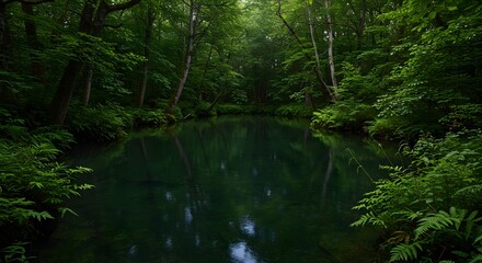Serene Green Forest Stream Surrounded by Lush Vegetation in Natural Setting