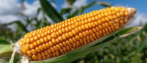 Rows of golden corn cobs stand tall amid green foliage, basking in sunlight on a pleasant day, highlighting the beauty of agriculture