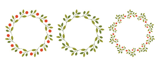 Set of three botanical wreaths with green leaves and red berries, decorative floral vector illustration