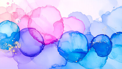 Abstract watercolor painting featuring overlapping circles in shades of pink, blue, and purple with delicate gold accents.