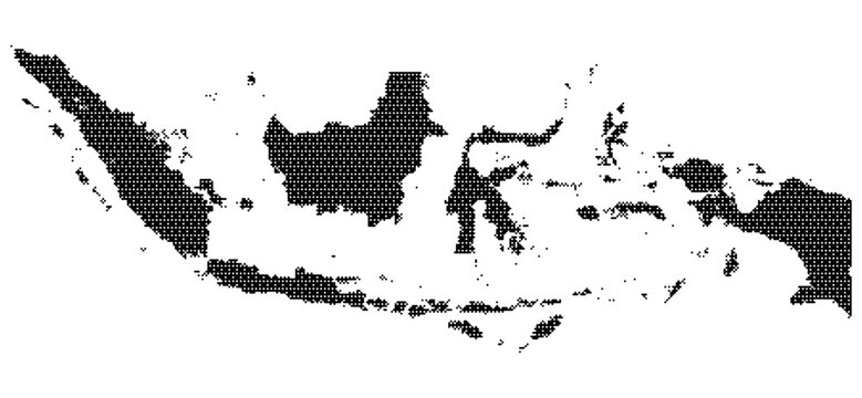 Halftone raster image of the Indonesian archipelago shows black dotted shapes on a white background illustrating geographic boundaries with detailed island outlines, perfect for digital design