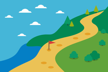 Fototapeta premium A winding path leads to a red flag on a green hill next to blue water