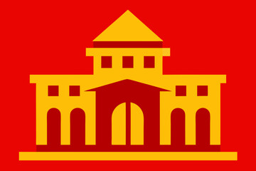 Stylized yellow building with arches and windows on red background