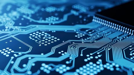 Digital data transfer on a blue circuit board with microprocessor chip footage, modern technology and computer science concept. - Powered by Adobe