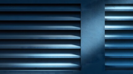 Blue toned horizontal louvers casting shadows on concrete wall blinds shutters
