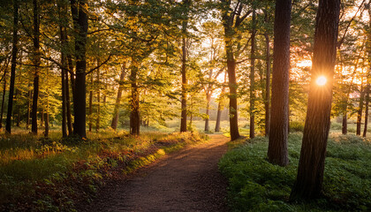 Fototapeta premium A Serene Woodland Scene With An Amber Glow From The Setting Sun Illuminating The Trees And Casting A Warm Light On The Path