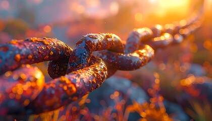 A close-up view shows a weathered, rusty chain basking in warm sunlight, blurred background of vibrant flora