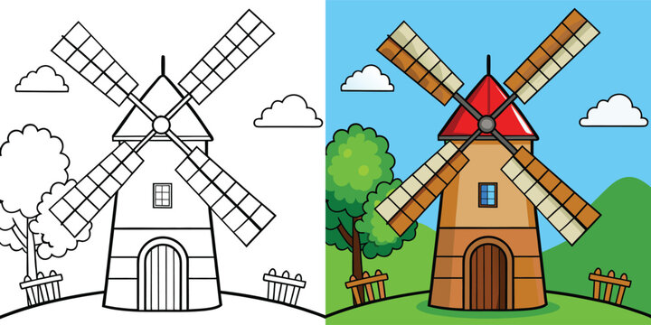 windmill coloring page for kids. Vector cartoon character. Educational game. educational worksheets for kindergarten.