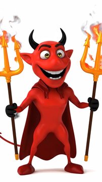 Cartoon Devil with Fiery Trident - A cheerful cartoon devil character with horns and a mischievous grin holds two fiery tridents. He is depicted against a white background, wearing a red cape.