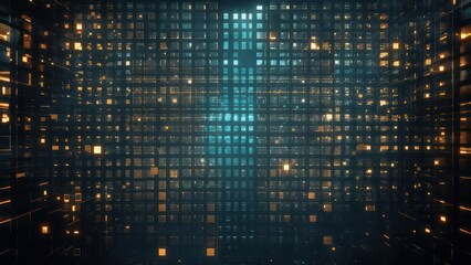 Dynamic digital grid with glowing data streams and futuristic blue light creating a sense of complex information flow and technological advancement.