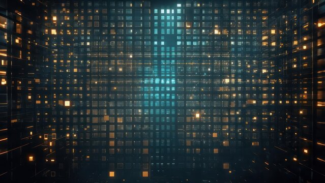 Dynamic digital grid with glowing data streams and futuristic blue light creating a sense of complex information flow and technological advancement.