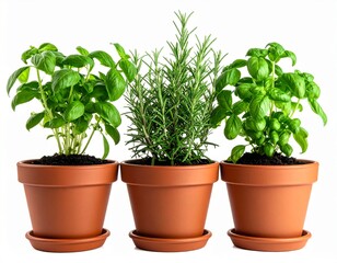 Fresh basil and rosemary herb plants in brown pots isolated on white background. 