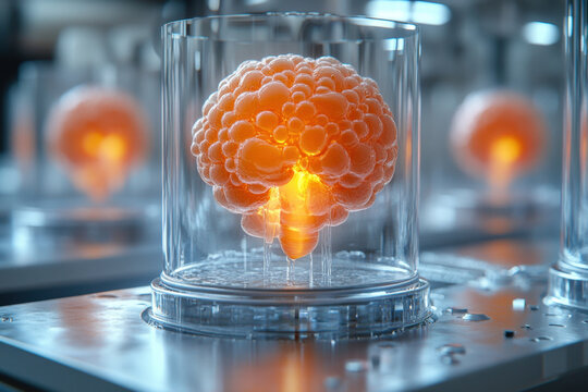 Model of brain in glass container.