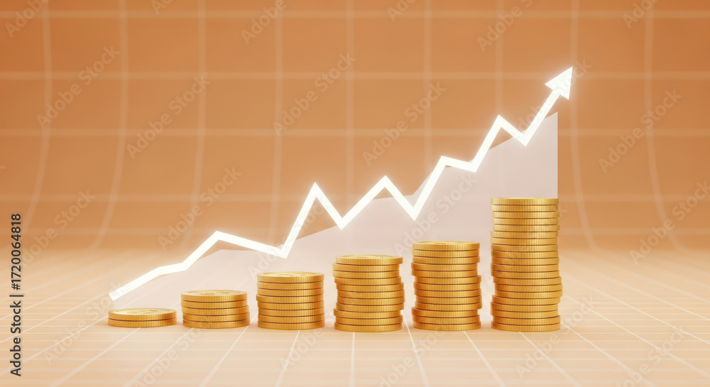 Poster visualizing financial growth and investment success with stacked coins and upward arrow on grid back