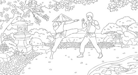 Obraz premium Zen Combat Martial Arts Practice in a Serene Japanese Garden