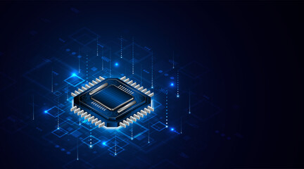 Microchip processor circuit board technology on dark blue background. Information Processing Concept. Circuit board hi-tech technology background. vector illustration	