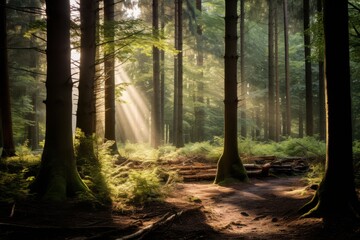 Fototapeta premium Sunbeams pierce dense forest canopy illuminating mossy ground light trees