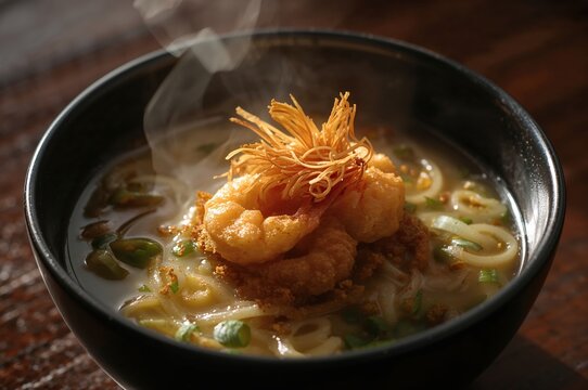 Steaming udon noodles with golden shrimp tempura on lacquer tray
