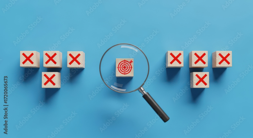 Poster strategic goal selection a magnifying glass focusing on a target block surrounded by incorrect choic
