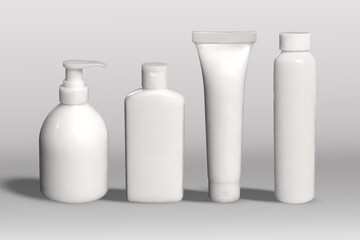 Set of white tubes and bottles. Roller ball tube. Open and closed blank tubes with screw cap. Realistic mockup. Long nozzle tube. Ointment or salve. Gel serum. Korean packaging