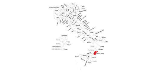 Detailed map of Italy outlined in black and white, with Reggio Calabria province highlighted in red, showing geographic boundaries and regional divisions in a modern design