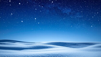 Naklejka premium Serene snowy landscape under starry night sky, with gentle snowflakes falling softly. scene evokes sense of calm and wonder