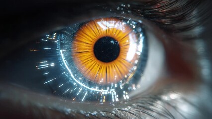 Extreme close up of a human eye with a futuristic holographic interface showing a data scan, as the iris changes color from blue to orange symbolizing an advanced biometric authentication system - Powered by Adobe