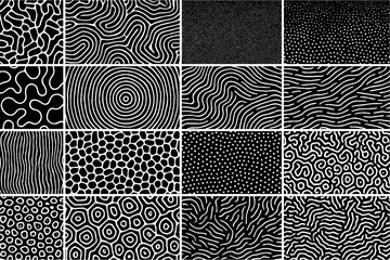 Abstract black and white seamless line patterns and organic texture backgrounds set, Transparent Background 