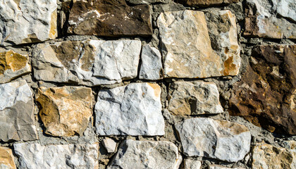 Fototapeta premium Close-up view of a stone wall, showing various shades of brown, beige, and gray stones.