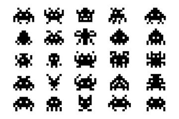 Pixel alien monsters set in retro 8 bit arcade video game style, Transparent Background 