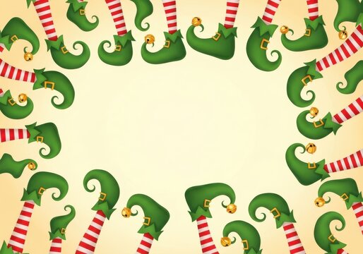 A festive border frame made of green elf shoes and red and white striped stockings, perfect for christmas and holidaythemed designs