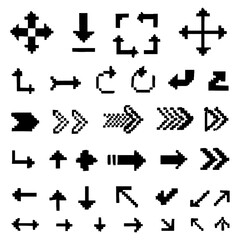 Pixel arrow icons set in retro 8 bit video game style, Transparent Background 