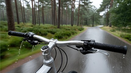 Navigating an old forest road with rain falling, showcasing the excitement of mountain biking surrounded by lush nature.