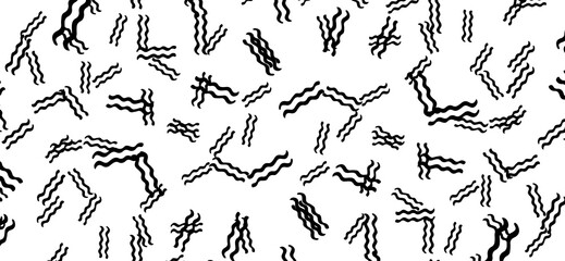 This artistic background displays a dynamic monochrome pattern with repeated black wavy line segments arranged randomly on a clean white surface, offering a visually striking texture