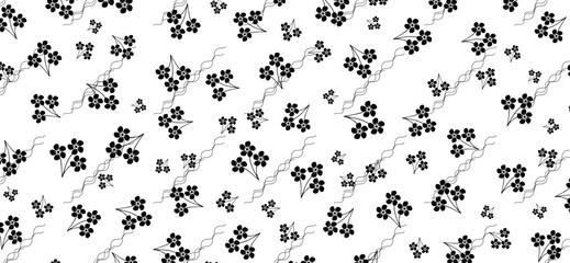 Elegant floral pattern features stylized black blossoms and delicate wavy lines arranged on a clean white background creating a sophisticated and nature-inspired design