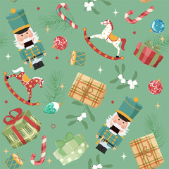 Christmas seamless pattern featuring nutcrackers and new year's toys. Perfect for kids' clothing and home decor, as well as wrapping paper.