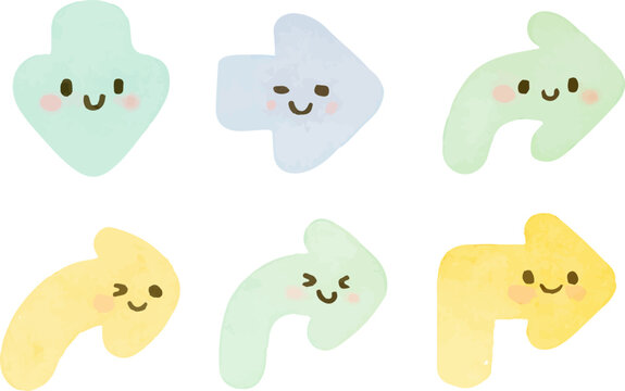 Cute watercolor arrows in various directions, each with a smiling face and soft colors.