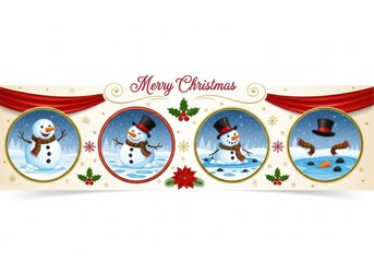 A festive christmas banner featuring four circular vignettes of a snowmans progression, from a complete snowman to melting, with a merry christmas greeting and red ribbon accents