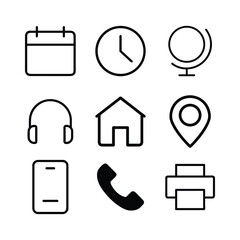 Minimalist black outline icons on a white background, featuring calendar, clock, globe, headphones, house, location pin, smartphone, telephone, and printer symbols