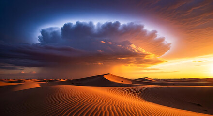 Dramatic sky over desert landscape with sand dunes and storm clouds at sunset creating a warm glow ai generated