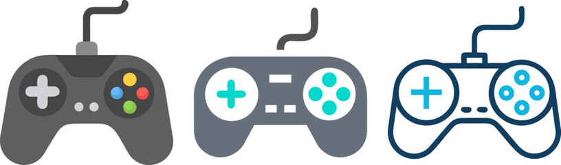  vector graphic gamepad controllers with varying designs and color palettes