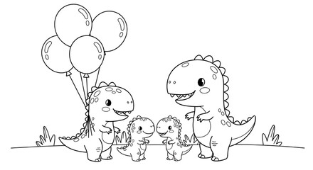 Adorable Dinosaur Family Celebration Coloring Page with Balloons and Cute Characters