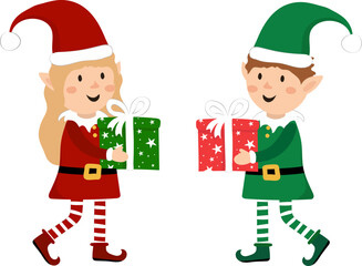 happy cute vector set christmas elves exchanging festive holiday presents and gifts little santas helpers new year celebration