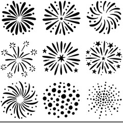 Decorative fireworks icons with stars and spark elements in bold silhouette style, Transparent Background