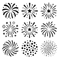 Obraz premium Decorative fireworks icons with stars and spark elements in bold silhouette style, Transparent Background