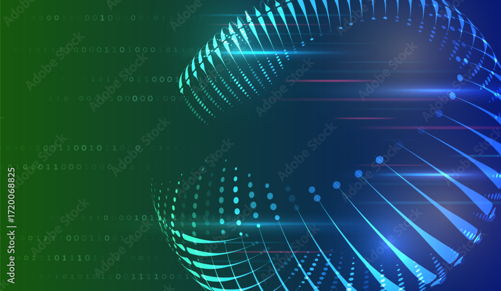 Poster abstract digital background with glowing blue lines, dots, and a spherical shape on a green and dark
