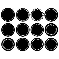 Set of round badge frames with decorative borders in bold silhouette style, Transparent Background