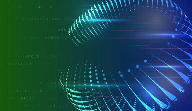 Abstract digital background with glowing blue lines, dots, and a spherical shape on a green and dark gradient. Perfect for technology, innovation, and futuristic design concepts.